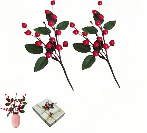 Artificial Red Berry Picks with Green Leaves,2-Pack Red Berry Picks for Christmas Tree, Wreaths & DIY Crafts - Lifelike Stems w/Holly & Pine Cones in Saudi Arabia