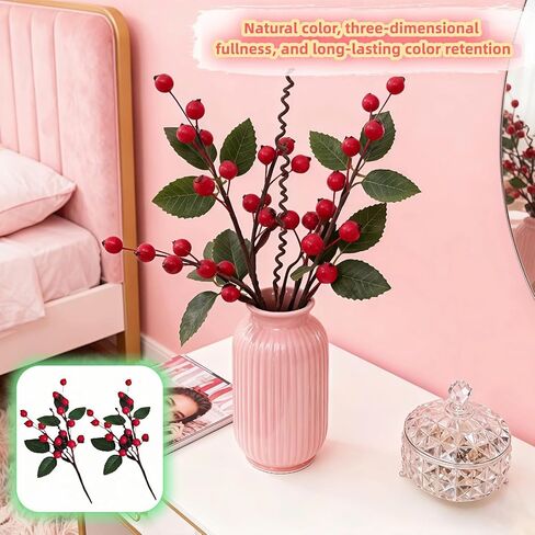 Artificial Red Berry Picks with Green Leaves,2-Pack Red Berry Picks for Christmas Tree, Wreaths & DIY Crafts - Lifelike Stems w/Holly & Pine Cones in Saudi Arabia