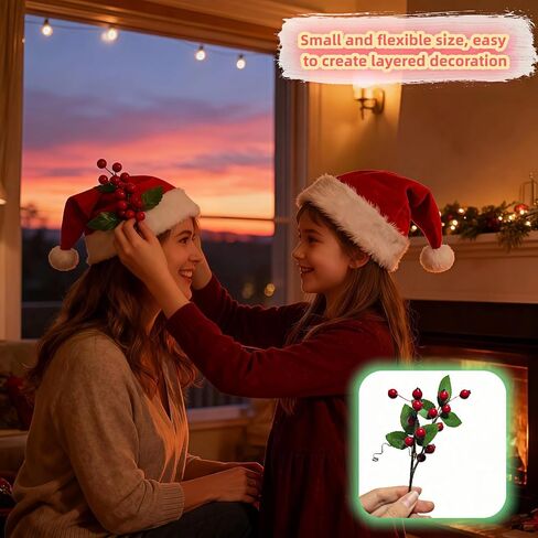 Artificial Red Berry Picks with Green Leaves,2-Pack Red Berry Picks for Christmas Tree, Wreaths & DIY Crafts - Lifelike Stems w/Holly & Pine Cones in Saudi Arabia
