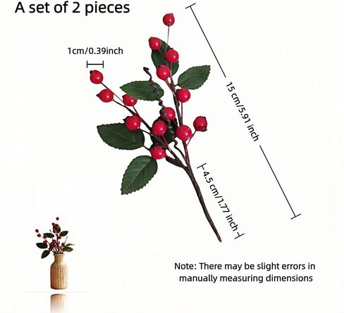 Artificial Red Berry Picks with Green Leaves,2-Pack Red Berry Picks for Christmas Tree, Wreaths & DIY Crafts - Lifelike Stems w/Holly & Pine Cones in Saudi Arabia