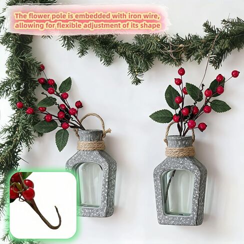 Artificial Red Berry Picks with Green Leaves,2-Pack Red Berry Picks for Christmas Tree, Wreaths & DIY Crafts - Lifelike Stems w/Holly & Pine Cones in Saudi Arabia