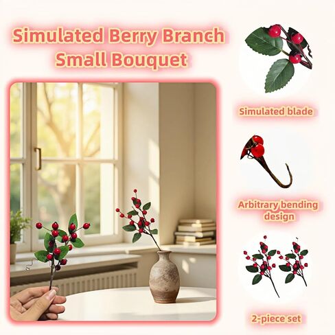 Artificial Red Berry Picks with Green Leaves,2-Pack Red Berry Picks for Christmas Tree, Wreaths & DIY Crafts - Lifelike Stems w/Holly & Pine Cones in Saudi Arabia