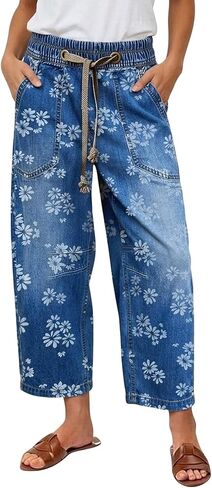 Flamingals Barrel Leg Mid Rise Jeans for Women Floral Print Casual Drawstring Elastic Denim Pants with Patch Pockets in Saudi Arabia