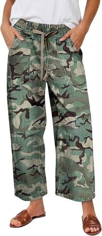 بنطال جينز Flamingals Barrel Leg متوسط ​​الارتفاع للنساء بطباعة زهور كاجوال برباط من قماش الدنيم المرن مع جيوب رقعة in Kuwait