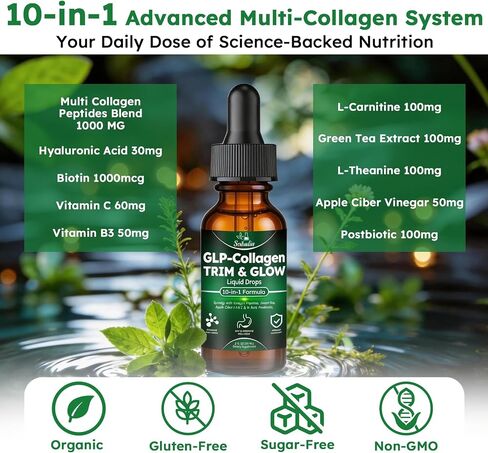 Liquid Collagen for Women GLP 10-in-1 Formula Multi Collagen Burn Drops Trim & Glow Hyaluronic Acid Biotin Green Tea L-Carnitine & ACV for Hair Growth Metabolism Skin Gut & Digestive Health in Saudi Arabia