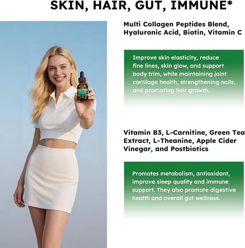 Liquid Collagen for Women GLP 10-in-1 Formula Multi Collagen Burn Drops Trim & Glow Hyaluronic Acid Biotin Green Tea L-Carnitine & ACV for Hair Growth Metabolism Skin Gut & Digestive Health in Saudi Arabia