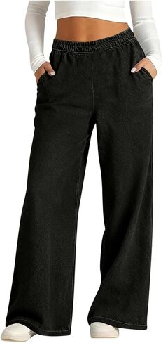 Sweatpants Jeans for Women Wide Leg Sweatpants that Look Like Denim Jean Elastic High Waisted Baggy Denim Pants with Pockets in Kuwait