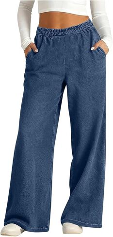 Sweatpants Jeans for Women Wide Leg Sweatpants that Look Like Denim Jean Elastic High Waisted Baggy Denim Pants with Pockets in Kuwait