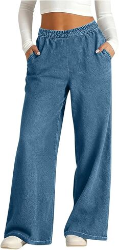 Sweatpants Jeans for Women Wide Leg Sweatpants that Look Like Denim Jean Elastic High Waisted Baggy Denim Pants with Pockets in Kuwait