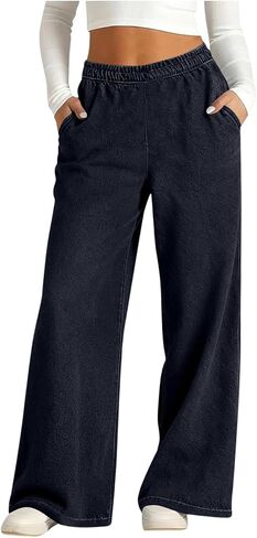 Sweatpants Jeans for Women Wide Leg Sweatpants that Look Like Denim Jean Elastic High Waisted Baggy Denim Pants with Pockets in Kuwait