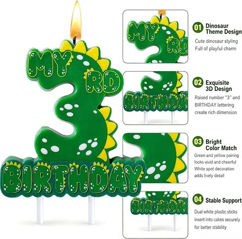 Green Dinosaur 3 Number Birthday Candles, 3.5×3.2" Dinosaur Themed 3rd Cake Topper Candles for Birthday Parties Celebration in Saudi Arabia