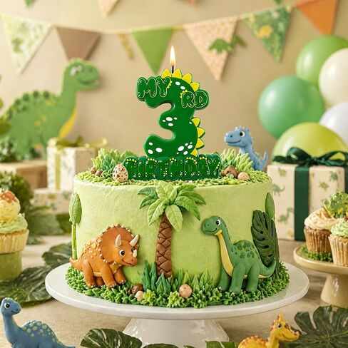 Green Dinosaur 3 Number Birthday Candles, 3.5×3.2" Dinosaur Themed 3rd Cake Topper Candles for Birthday Parties Celebration in Saudi Arabia