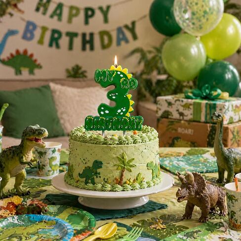 Green Dinosaur 3 Number Birthday Candles, 3.5×3.2" Dinosaur Themed 3rd Cake Topper Candles for Birthday Parties Celebration in Saudi Arabia
