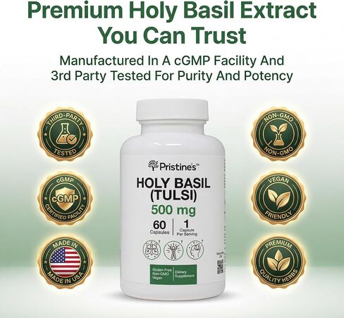 PRISTINE'S Holy Basil (Tulsi) 500 mg Relaxation & Immunity Support Adaptogen Supplement - 60 Day Supply - Holy Basil Leaf Capsules - Vegan - Non-GMO - Gluten Free Supplements in Kuwait