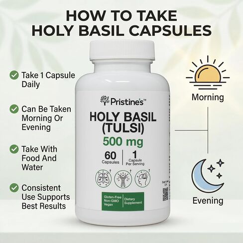 PRISTINE'S Holy Basil (Tulsi) 500 mg Relaxation & Immunity Support Adaptogen Supplement - 60 Day Supply - Holy Basil Leaf Capsules - Vegan - Non-GMO - Gluten Free Supplements in Kuwait