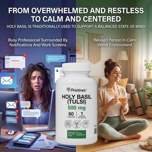 PRISTINE'S Holy Basil (Tulsi) 500 mg Relaxation & Immunity Support Adaptogen Supplement - 60 Day Supply - Holy Basil Leaf Capsules - Vegan - Non-GMO - Gluten Free Supplements in Kuwait