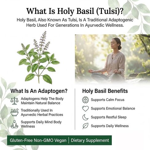 PRISTINE'S Holy Basil (Tulsi) 500 mg Relaxation & Immunity Support Adaptogen Supplement - 60 Day Supply - Holy Basil Leaf Capsules - Vegan - Non-GMO - Gluten Free Supplements in Kuwait