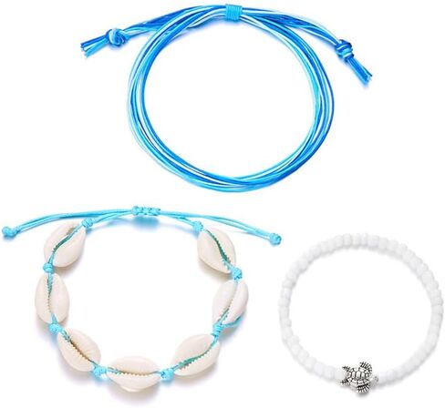 3Pcs Colorful Summer Beach String Wave Bracelets for Women Adjustable Handmade Braided Surfer Ankle Bracelet Boho Sea Shell Turtle Braided Rope Jewelry in Kuwait