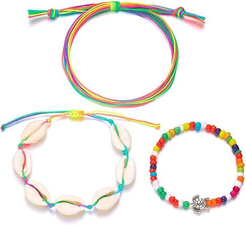 3Pcs Colorful Summer Beach String Wave Bracelets for Women Adjustable Handmade Braided Surfer Ankle Bracelet Boho Sea Shell Turtle Braided Rope Jewelry in Kuwait