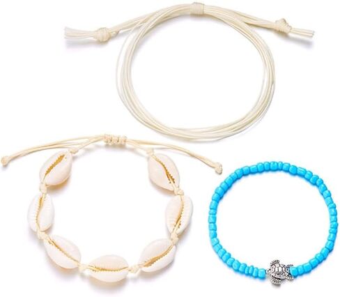 3Pcs Colorful Summer Beach String Wave Bracelets for Women Adjustable Handmade Braided Surfer Ankle Bracelet Boho Sea Shell Turtle Braided Rope Jewelry in Kuwait