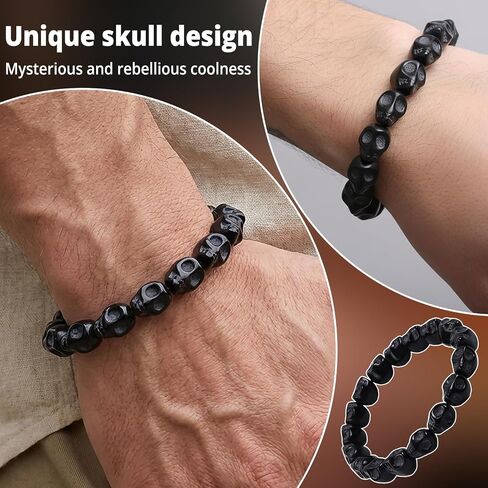 Natural Turqoise Skull Beaded Bracelet | Gothic Punk Emo Style | Tibetan Mala | Men’s & Women’s | Pirate Fashion | Skeleton Hand Design | Elastic Fit | Daily Wear in Saudi Arabia