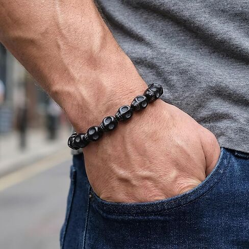 Natural Turqoise Skull Beaded Bracelet | Gothic Punk Emo Style | Tibetan Mala | Men’s & Women’s | Pirate Fashion | Skeleton Hand Design | Elastic Fit | Daily Wear in Saudi Arabia