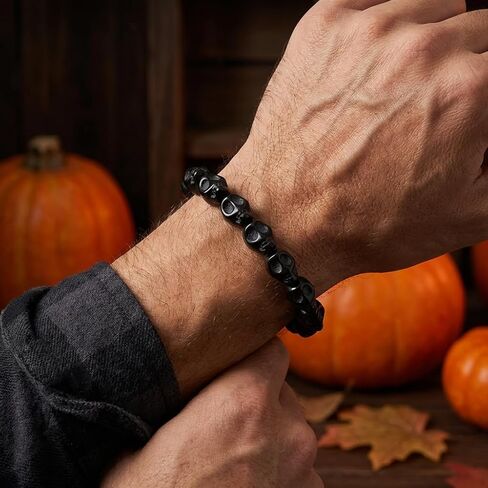 Natural Turqoise Skull Beaded Bracelet | Gothic Punk Emo Style | Tibetan Mala | Men’s & Women’s | Pirate Fashion | Skeleton Hand Design | Elastic Fit | Daily Wear in Saudi Arabia
