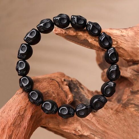 Natural Turqoise Skull Beaded Bracelet | Gothic Punk Emo Style | Tibetan Mala | Men’s & Women’s | Pirate Fashion | Skeleton Hand Design | Elastic Fit | Daily Wear in Saudi Arabia
