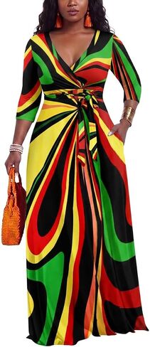 PerZeal Women’s 3/4 Sleeve V-Neck Printed Maxi Dress Summer Beach Vacation Dress with Belt - Multiple Colors Available in Kuwait