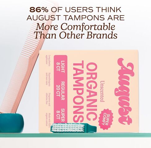 August Organic Tampons - Easy-Glide Long Applicators - Light, Regular, & Super - 36-Pack 100% Organic Cotton Tampons for Women, Non-Toxic, Fragrance-Free, and Hypoallergenic in Saudi Arabia