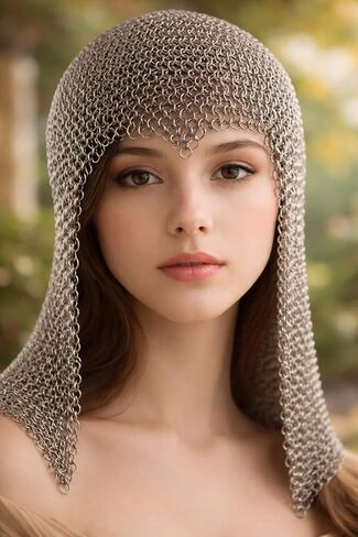 Medieval 10mm Aluminum Butted Chainmail Coif Hood, Lightweight Anodized Silver, Standard Size in Kuwait