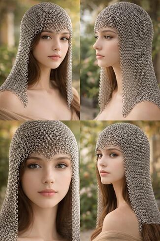 Medieval 10mm Aluminum Butted Chainmail Coif Hood, Lightweight Anodized Silver, Standard Size in Kuwait