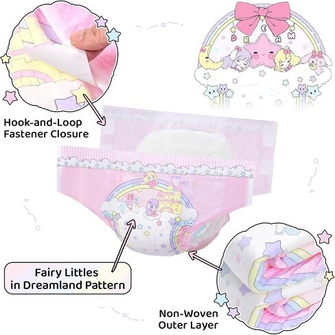 LittleForBig Ultra Absorbent 7000 mL Adjustable Hook-and-Loop Fastener Closure Adult Printed Cloth Back Diaper 10 Pieces - Fairy Littles in Dreamland (Medium 28"-38") in Kuwait