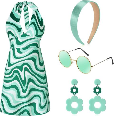 SATINIOR 4 Pcs 60s 70s Women's Hippie Costume Retro Disco Outfit Groovy Earring Headband Dress Sunglasses for Halloween Party in Kuwait