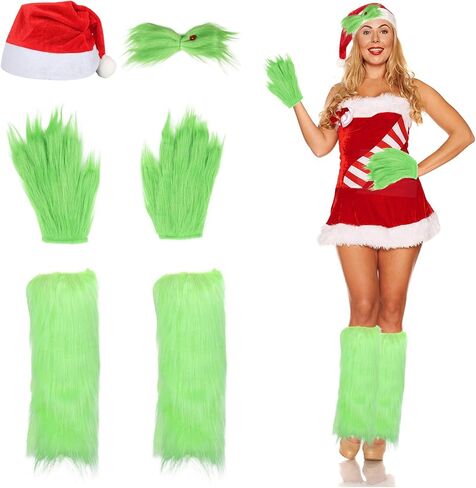 6pcs Christmas Big Monster Santa Costume for Women, Christmas Santa Hat with Leg Warmers, Green Fur Hair Card, Gloves, for Party Cosplay Photo in Saudi Arabia