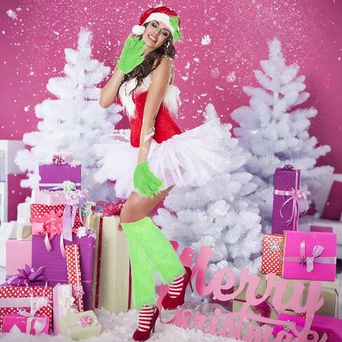 6pcs Christmas Big Monster Santa Costume for Women, Christmas Santa Hat with Leg Warmers, Green Fur Hair Card, Gloves, for Party Cosplay Photo in Saudi Arabia