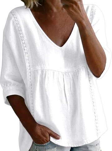 Women's Gauze Tops V Neck 3/4 Sleeve Lace Trim Cotton Linen Shirts Loose Fit Casual Travel Vacation Tunic Blouses in Saudi Arabia