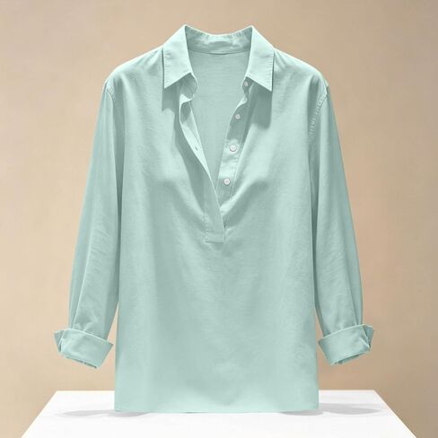 Cotton Tops for Women Casual Collared Henley Long Sleeve Shirt Solid Color Button Up V-Neck Tunic Blouses in Saudi Arabia