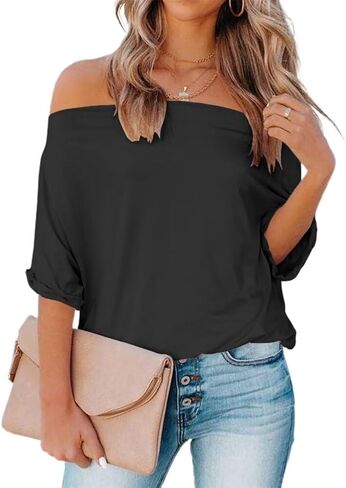 Dressmine المرأة الصيف قبالة الكتف قمصان عادية مثير بكتف واحد بلايز عادية فضفاضة قصيرة الأكمام البلوزات بلايز تونك in Kuwait