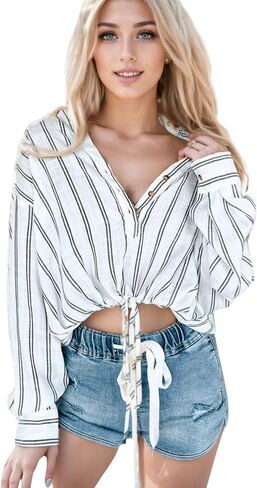 Kwoki Womens Cropped Button Down Shirts Casual Oversized Stripe Crop Tops Long Roll Up Sleeve Drawstring Hem Blouse in Saudi Arabia