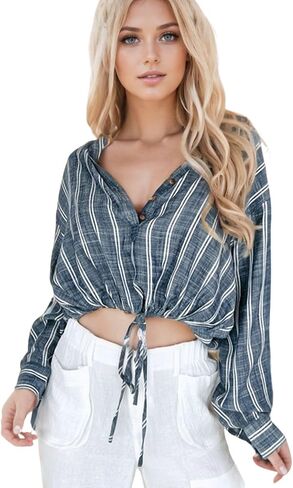 Kwoki Womens Cropped Button Down Shirts Casual Oversized Stripe Crop Tops Long Roll Up Sleeve Drawstring Hem Blouse in Kuwait