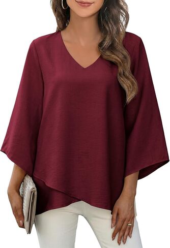 Womens 3/4 Length Sleeve Tops V Neck Casual Flowey Blouses Trendy Elegant Vacation Tops with Irregular Hem Loose Fit in Saudi Arabia