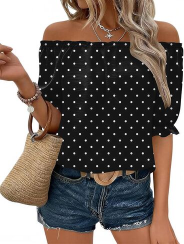 Kistore Womens Tops Short Sleeve Cotton Shirts Off the Shoulder Tops for Women Crewneck Dressy Casual Blouses S-XXL in Saudi Arabia