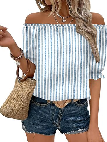 Kistore Womens Tops Short Sleeve Cotton Shirts Off the Shoulder Tops for Women Crewneck Dressy Casual Blouses S-XXL in Saudi Arabia