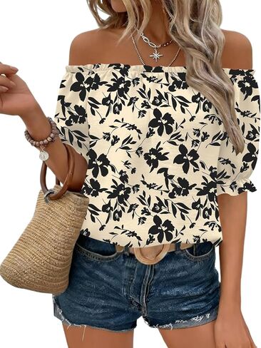 Kistore Womens Tops Short Sleeve Cotton Shirts Off the Shoulder Tops for Women Crewneck Dressy Casual Blouses S-XXL in Saudi Arabia