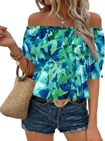 Kistore Womens Tops Short Sleeve Cotton Shirts Off the Shoulder Tops for Women Crewneck Dressy Casual Blouses S-XXL in Saudi Arabia