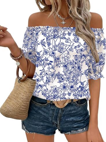 Kistore Womens Tops Short Sleeve Cotton Shirts Off the Shoulder Tops for Women Crewneck Dressy Casual Blouses S-XXL in Saudi Arabia