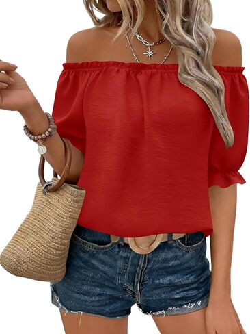 Kistore Womens Tops Short Sleeve Cotton Shirts Off the Shoulder Tops for Women Crewneck Dressy Casual Blouses S-XXL in Saudi Arabia