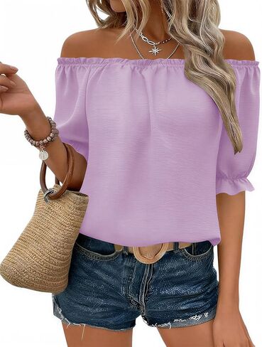 Kistore Womens Tops Short Sleeve Cotton Shirts Off the Shoulder Tops for Women Crewneck Dressy Casual Blouses S-XXL in Saudi Arabia