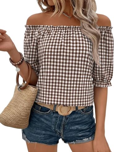 Kistore Womens Tops Short Sleeve Cotton Shirts Off the Shoulder Tops for Women Crewneck Dressy Casual Blouses S-XXL in Saudi Arabia